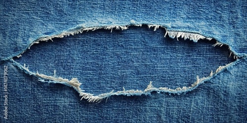 Close-up of blue denim fabric with irregular torn hole and frayed edges.