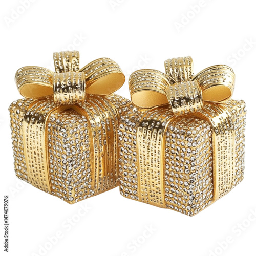 Two gold jeweled gift boxes with big bows a luxurious present