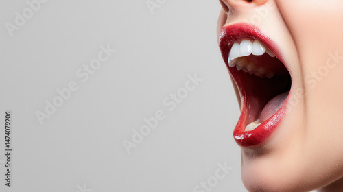 Close up of woman mouth expressing emotion while shouting, showcasing bright red lips and white teeth, conveying intensity
