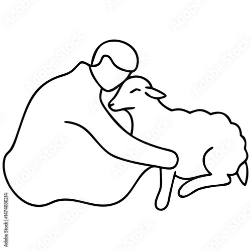 Pastoral silhouette of a male figure snuggling a sheep warmly in a tranquil scene