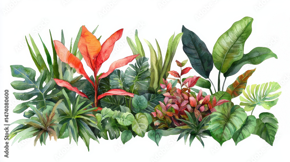 Fototapeta premium Vibrant watercolor botanical illustration featuring various tropical plants and foliage, showcasing lush greens and bright