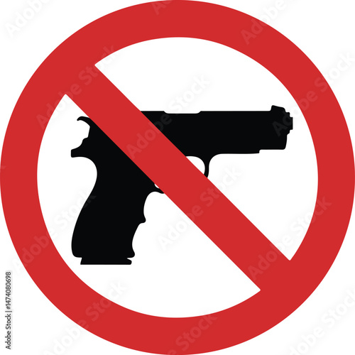 No Guns Sign black silhouette with pistol and red slash, forcefully conveying security and prohibition