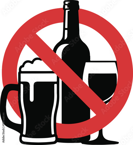No Alcohol Sign black silhouette with bottle and glass and red slash, quietly advocating sobriety and order