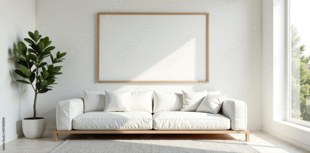 Fototapeta premium Clean white interior, landscape frame Perfect for art display , minimal, blank, frame