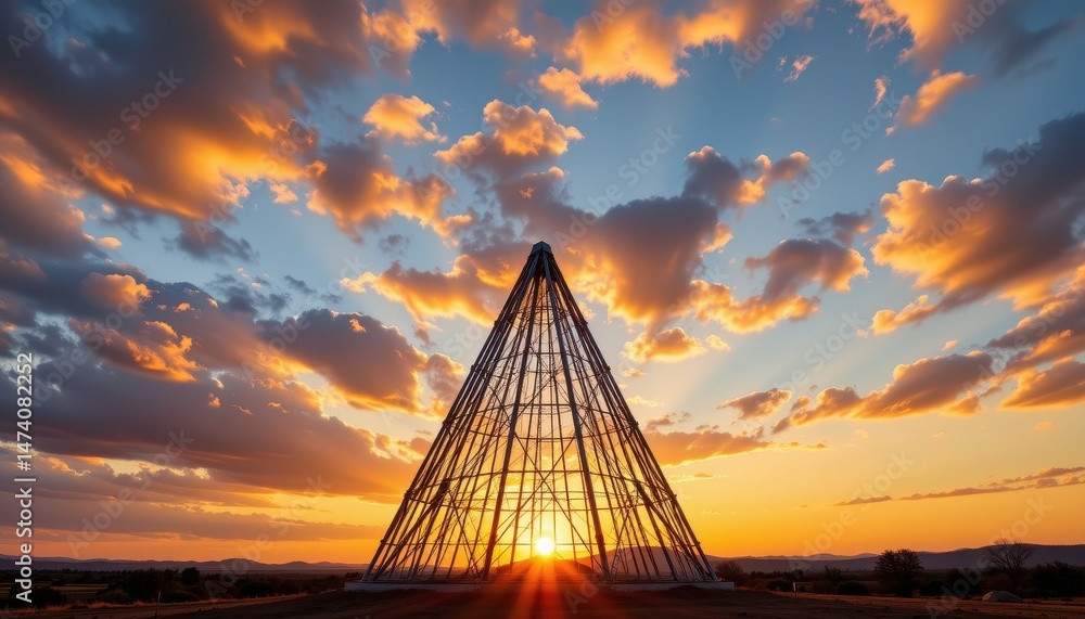 Obraz premium geometric metal pyramid sculpture at sunset under a dramatic sky perfect for art photography, modern branding, and e commerce listings showcasing metal sculptures, pyramids, and dramatic skies