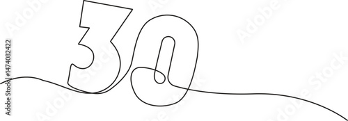 A single line drawing of a thirty symbol. One line icon. Continuous line thirty number icon. Simple black outline of the number 30. Vector illustration.