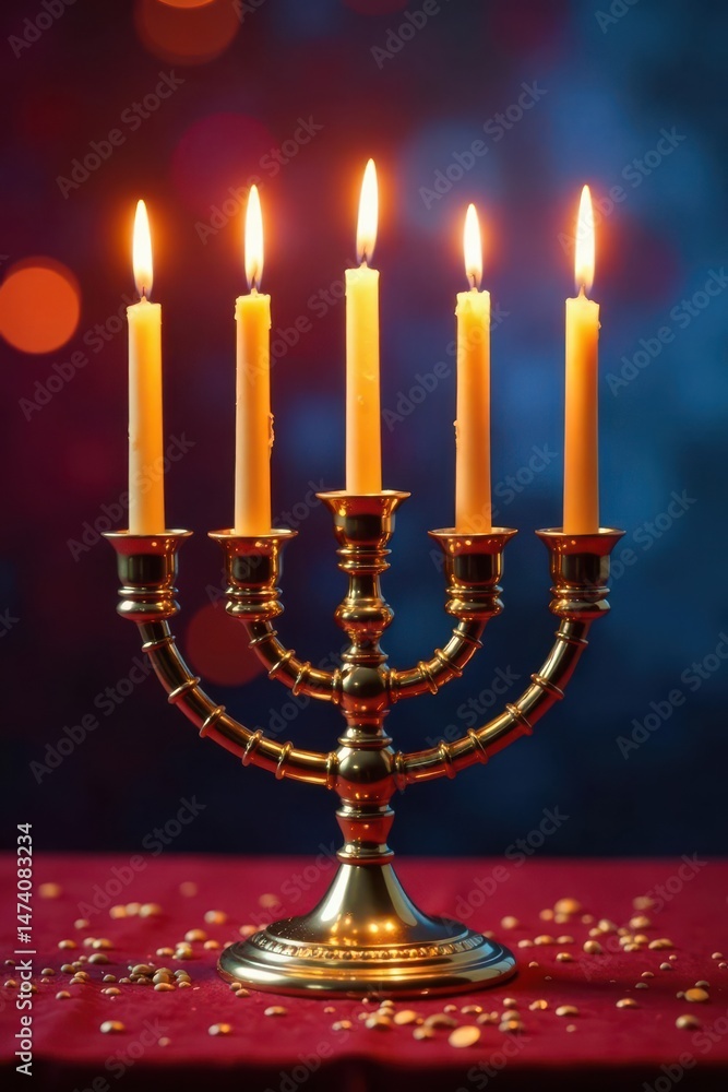 Fototapeta premium Golden menorah with two burning candles, colorful background , December, bright, Jewish
