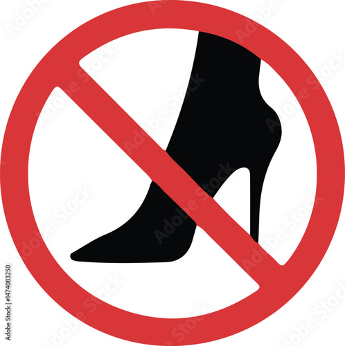 No High Heels Sign black silhouette with stiletto shoe and red slash, capturing dress code and safety in a minimalist vector