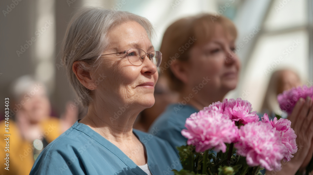Senior nurses being honored with flowers, showing appreciation and gratitude Senior nurses being honored with flowers, showing appreciation and gratitude