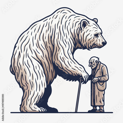 An Unusual Encounter: A thought-provoking illustration of an elderly person standing humbly beside a formidable polar bear, which evokes a blend of vulnerability and the power of the wild.
