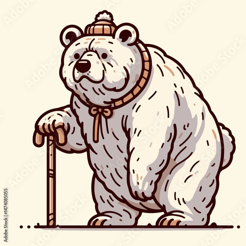 Whimsical Polar Bear: A charming illustration of a friendly polar bear with a winter cap and walking cane, exuding warmth and personality. A joyful and cartoonish vibe that appeals to everyone.