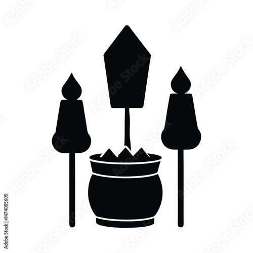 vector silhouette of Indian kulfi on stick with traditional clay pot and ice blocks around vendor on white