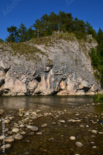 Rock formations in the Nature reserve of the Bialka River Gorge, Podhale, Poland.  Białka mountain river running through southern Poland, a tributary of the Dunajec River
