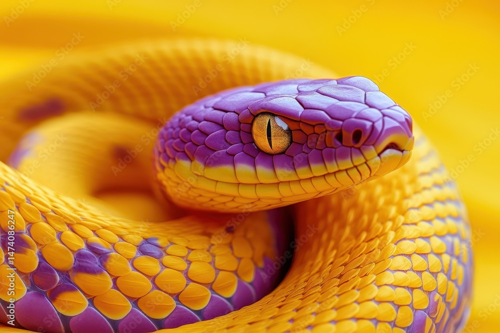Obraz premium Coiled purple and yellow snake against yellow background, golden eye detail. Illustrates themes of nature, wildlife, and vibrant colors for graphic design.