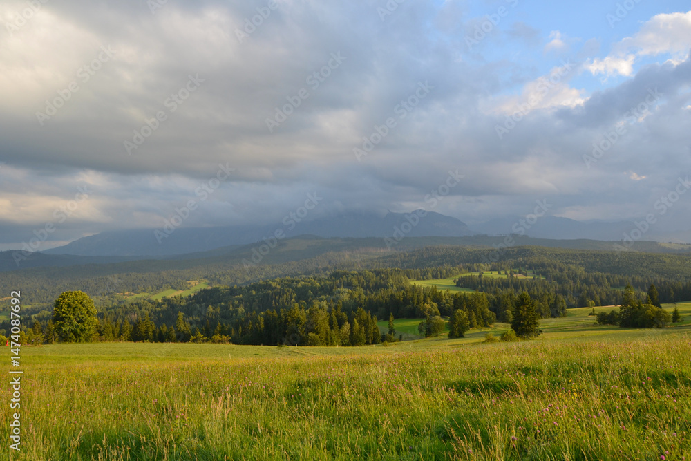 Lapszanka Valley. Panoramic view on High Tatras in Lapszanka, Podhale region of Poland. Sunset time Lapszanka Valley. Panoramic view on High Tatras in Lapszanka, Podhale region of Poland. Sunset time