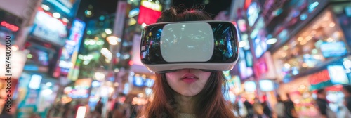 Wallpaper Mural A woman is surrounded by a virtual reality experience, donning a VR headset, and standing amidst a neon-lit atmosphere with soft, colorful bokeh lights in the background Torontodigital.ca