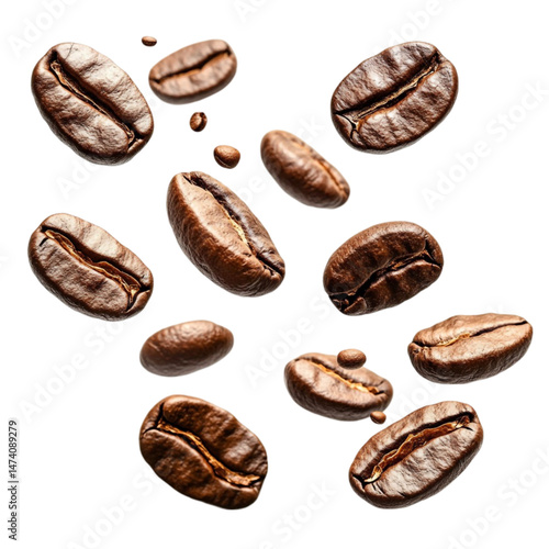 Roasted coffee beans falling on colorful striped background