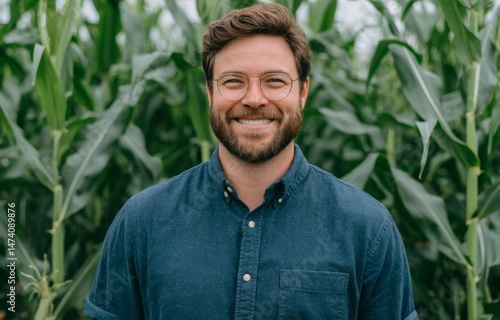 Farming and agro management involve a man in a field with corn, contemplating the process of natural food production