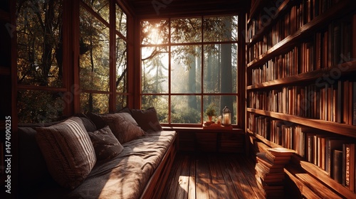 A home office library with a scenic backdrop of trees and hills is set against a cozy room with rustic wood bookshelves and a window view, ideal for virtual online presentation teams meeting rooms