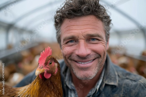 A male person, likely a farmer, is smiling while engaged in poultry farming, which involves raising chickens for production, and is connected to the agricultural industry in rural areas, where
