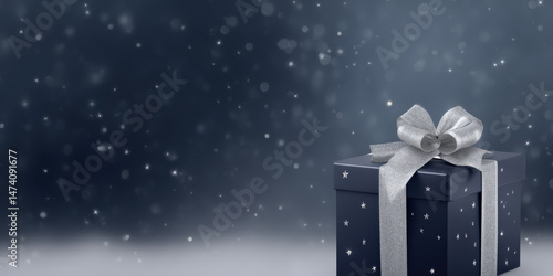 A glossy navy gift box adorned with silver stars and a shimmering ribbon stands against a soft blurred backdrop with a light bokeh effect and gentle snowfall