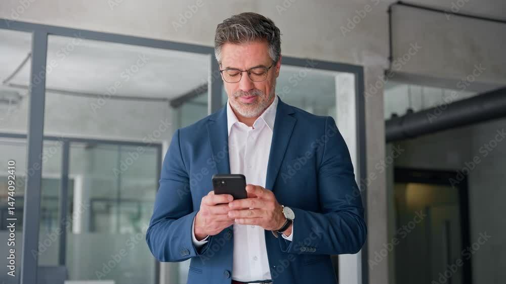 Middle eastern arab or latin senior business manager man ceo using cell phone mobile. Focused Indian mature businessman in suit and eyeglasses holding smartphone standing in office, working on device Middle eastern arab or latin senior business manager man ceo using cell phone mobile. Focused Indian mature businessman in suit and eyeglasses holding smartphone standing in office, working on device