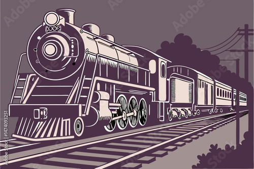 131 diesel locomotive, steam train, railway, steel, transportation, railroad, track, locomotive, engine, vintage, antique, dark, chrome, reflective, photorealistic