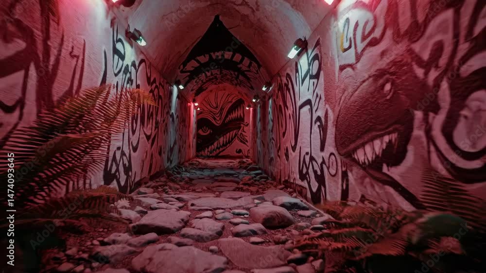 A gritty tunnel filled with expressive black graffiti and red neon lights leads through a rocky path, evoking street art and urban rebellion.
A gritty tunnel filled with expressive black graffiti and red neon lights leads through a rocky path, evoking street art and urban rebellion.