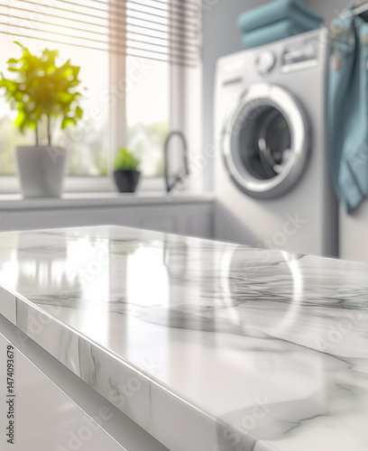 A serene view of a polished marble surface with reflections, surrounded by a tidy laundry room with natural light streaming through the window, highlighting a washing machine and potted plant.
