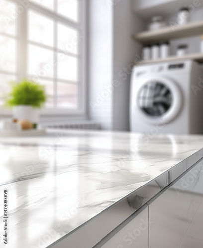 A serene view of a polished marble surface with reflections, surrounded by a tidy laundry room with natural light streaming through the window, highlighting a washing machine and potted plant.
