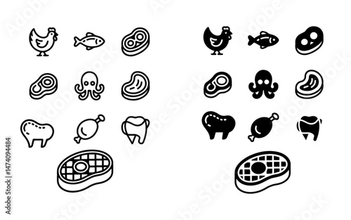 Containing food related icons: chicken, fish, meat, beef, and more icons.  Stroke icon collection icon