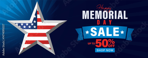 Memorial Day sale banner with flag US in star shape and light beams. Creative promotion poster template, up to 50% off discount for Memorial day. Vector illustration