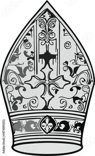 Intricately Detailed Bishop Mitre with Gothic Cross – Black and White Religious Line Art for Church and Clergy Themes