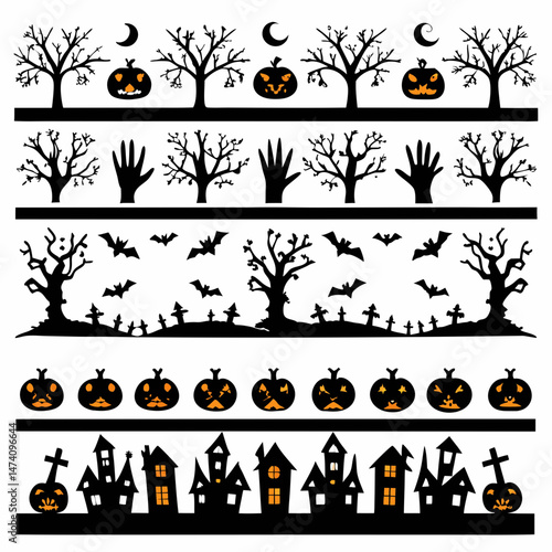 Collection of Halloween silhouettes. Haunted house, creepy tree, flying witch, pumpkins, flying bats, creepy hands rising from graves, haunted houses, gravestones, witches on broomsticks, skeletons