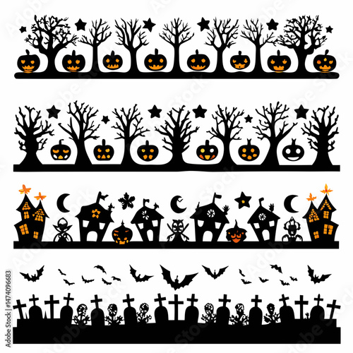 Collection of Halloween silhouettes. Haunted house, creepy tree, flying witch, pumpkins, flying bats, creepy hands rising from graves, haunted houses, gravestones, witches on broomsticks, skeletons