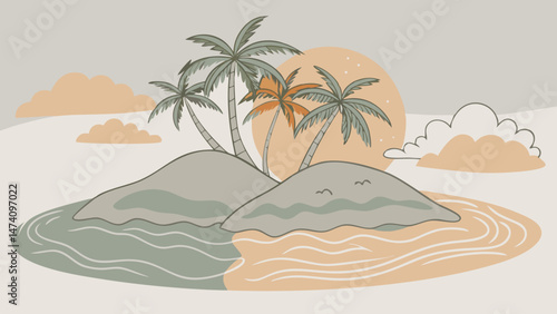 Tranquil Island Sunset. Palm Trees. Ocean Breeze. and Serene Paradise