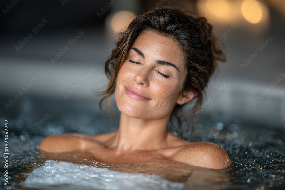 Fototapeta premium A sensual young woman unwinds in an outdoor spa, surrounded by the elements of beauty and body care