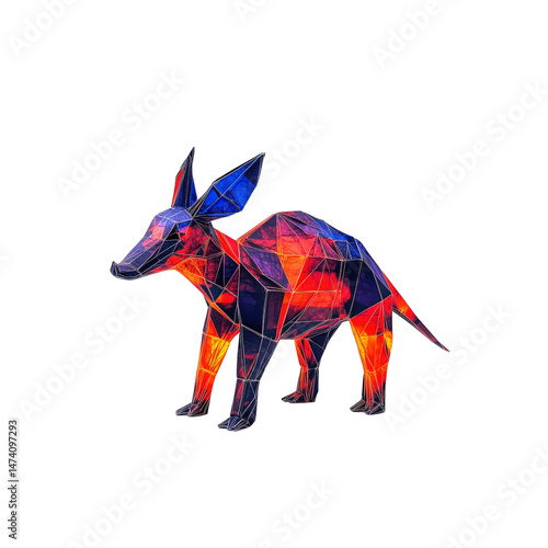 Low Poly Aardvark in Vibrant Neon Colors, 3D Render