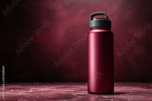 Burgundy metal water bottle on dark surface.