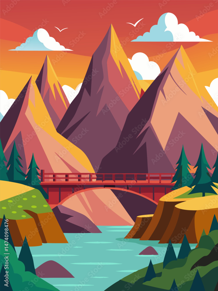 Majestic Sunset Landscape. Serene River Bridge and Mountains Majestic Sunset Landscape. Serene River Bridge and Mountains