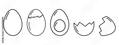 Whole boiled eggs and eggshell Outline Simple Minimalistic Icons Sticker Design elements idea Set