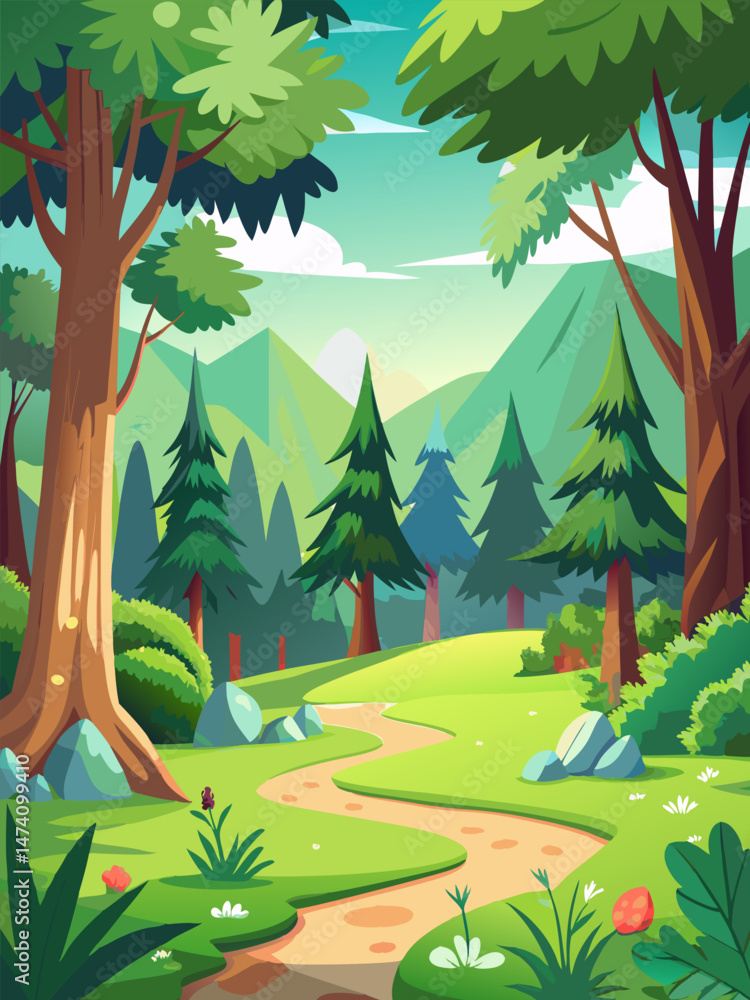 Naklejka premium Forest Path to Mountain View. A Tranquil Nature Walk