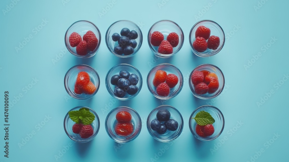 Fototapeta premium Overhead of Fresh Berries in Bowls on Blue Background Healthy Eating Lifestyle Food Photography
