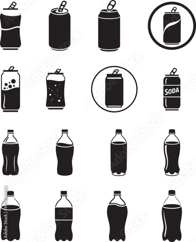 Black Soda Can and Plastic Bottle Icons Set – Beverage Silhouettes for Drink Packaging and Branding