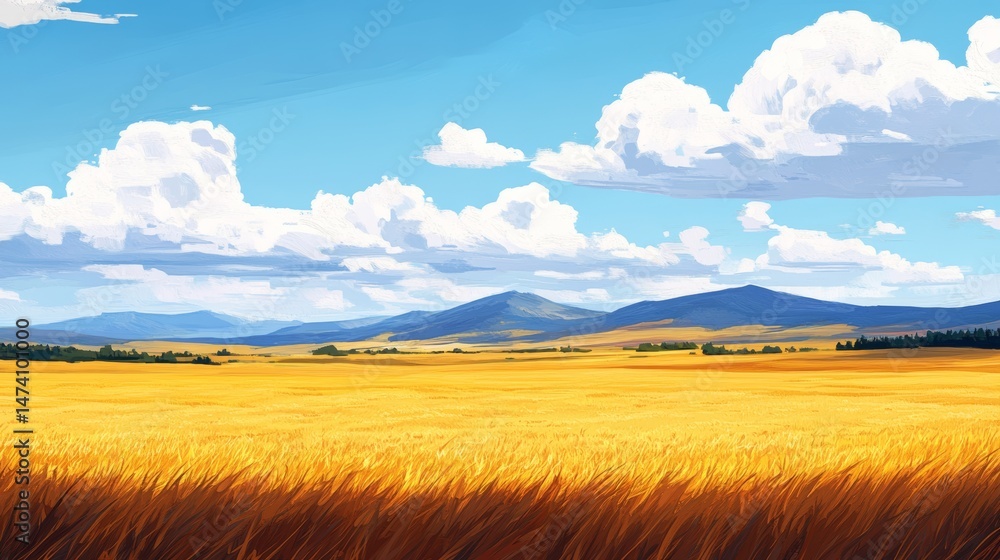 Fototapeta premium The landscape depicts a clear blue sky above a golden wheat field, with gentle hills visible in the distance on a sunny afternoon