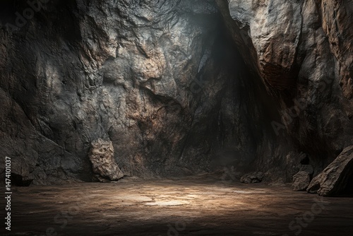 Dark cavern interior with rough stone walls.  Light source illuminates the center.  Rocky floor