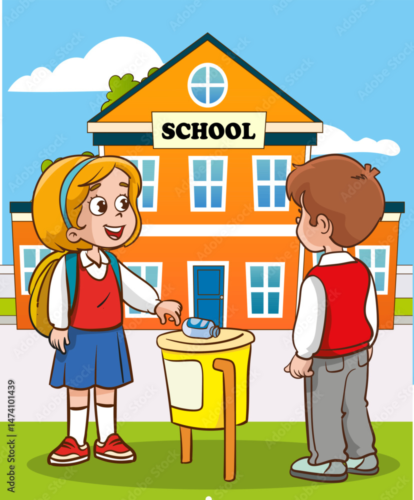 Vector illustration of student throwing garbage into trash can Vector illustration of student throwing garbage into trash can