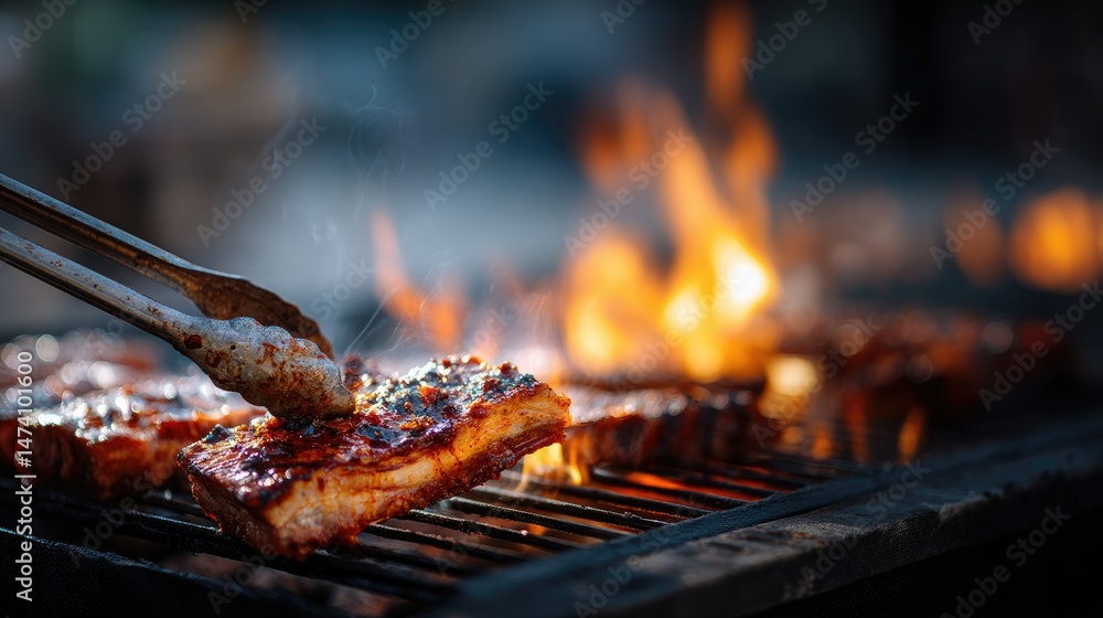 Barbecue tongs flipping pork belly on the grill as flames and smoke dance in the background Barbecue tongs flipping pork belly on the grill as flames and smoke dance in the background