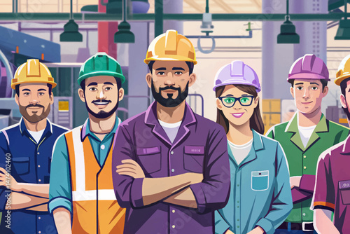Engineer team with full skills vector in maintenance and training at industrial factory workshop, supporting factory operators and mechanical engineering production tasks