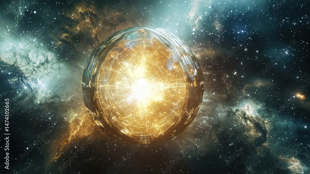 Obraz premium Cosmic Energy Sphere in a Nebula Background with Radiant Light